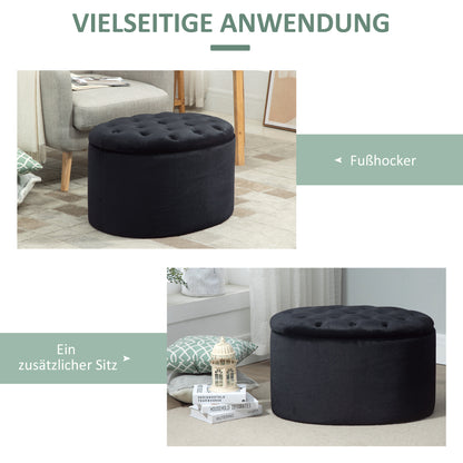 HOMCOM Sitzbank mit Stauraum Polsterbank mit Samtoptik, Sitztruhe Ovale Form, Truhenbank für Wohnzimmer Schlafzimmer Flur 71 x 52 x 42 cm, Schwarz