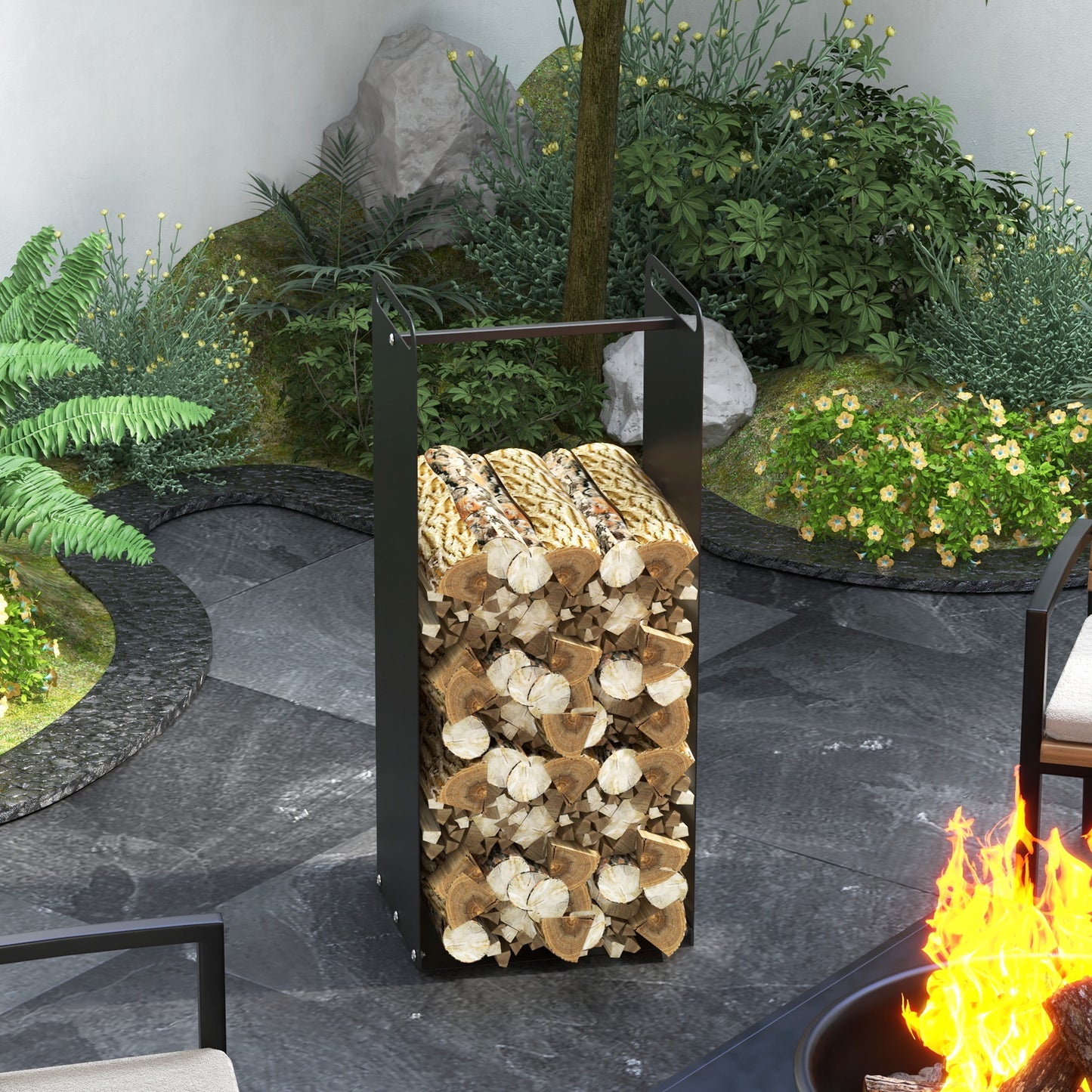 Outsunny Feuerholzgestell, 2 Tragegriffe, Stahlrahmen, bis 30kg, 37x30x90cm, Schwarz