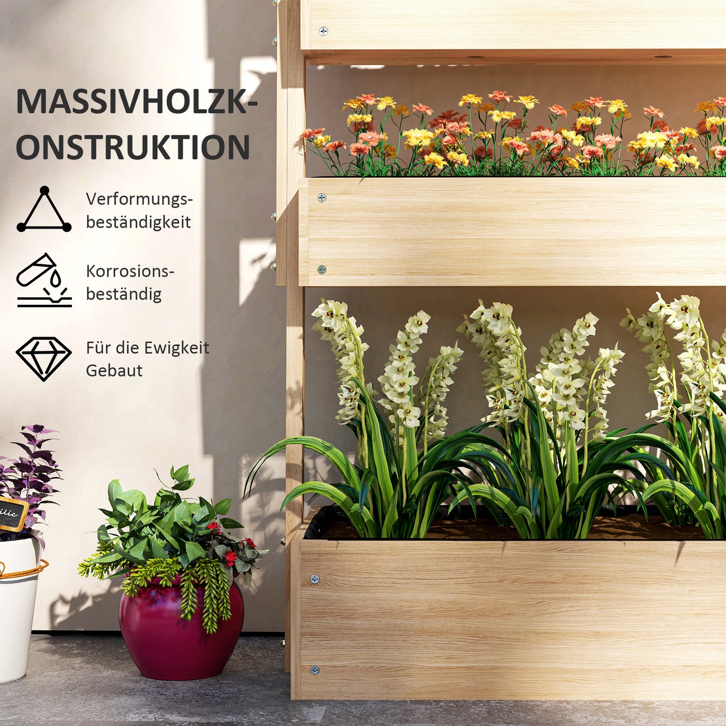 Outsunny Hochbeet Holz, 4 Ebene Pflanzbeet mit Entwässerungslöcher Frühbeet Gartenbeet 88,5 x 45 x 140 cm Naturholz