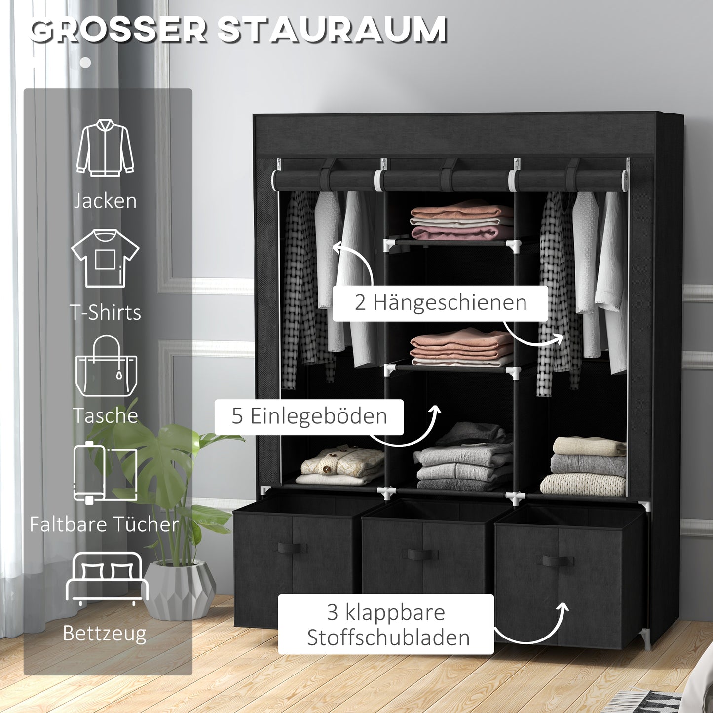 HOMCOM Stoffschrank aus Vlies, Faltschrank, inkl. 3 Schubladen, 125 cm x 43 cm x 162,5 cm, Schwarz