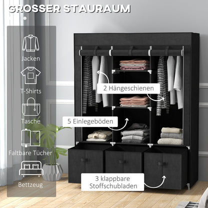 HOMCOM Stoffschrank aus Vlies, Faltschrank, inkl. 3 Schubladen, 125 cm x 43 cm x 162,5 cm, Schwarz