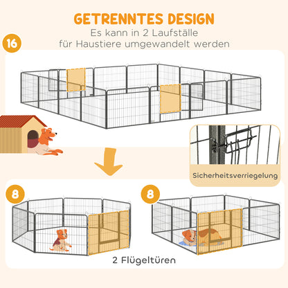 PawHut Welpenauslauf Freigehege 16 Segmente 60 cm Hoch Laufstall für Haustier welpengitter Zaun Laufgitter Laufstall Hundegehege Outdoor Gitter Welpen gestaltbar mit 2 Tür Stahl Grau