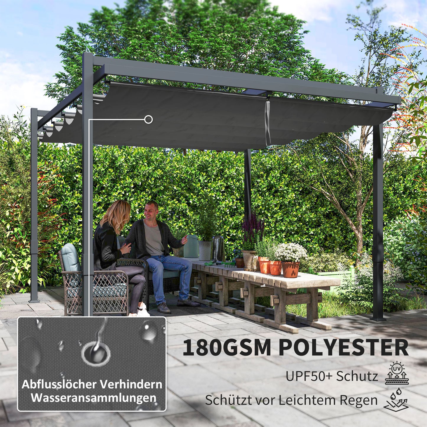 Outsunny Pergola Pavillon ca. 3,5x3m Aluminium Stabil winterfest Sonnenschutz mit verstellbares Schiebedach Grau
