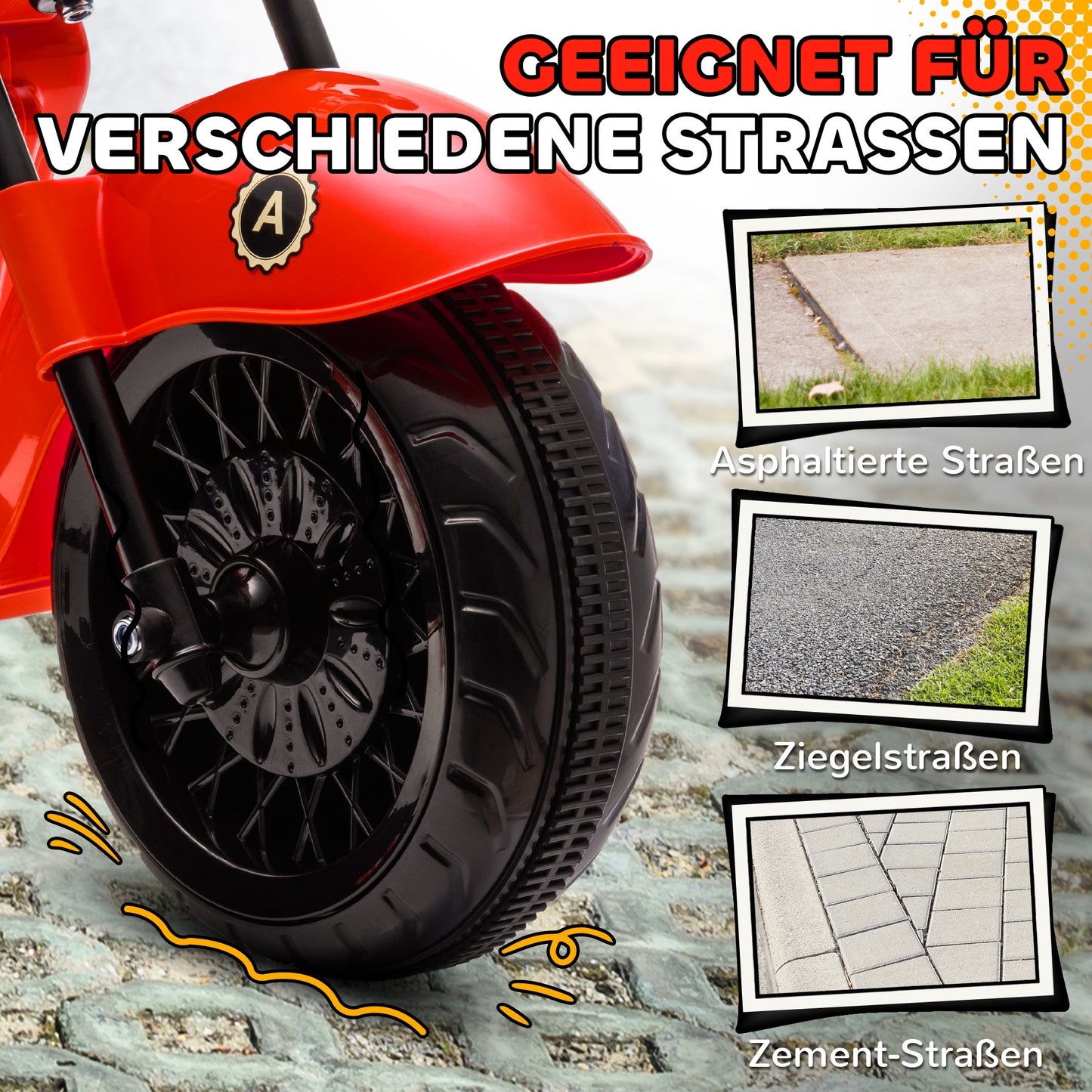 AIYAPLAY Elektro-Kinder-Motorrad, 3 Räder, 6V Batterie-Betrieb, Scheinwerfer, Musik, für Kinder im Alter von 3-6 Jahren, Rot