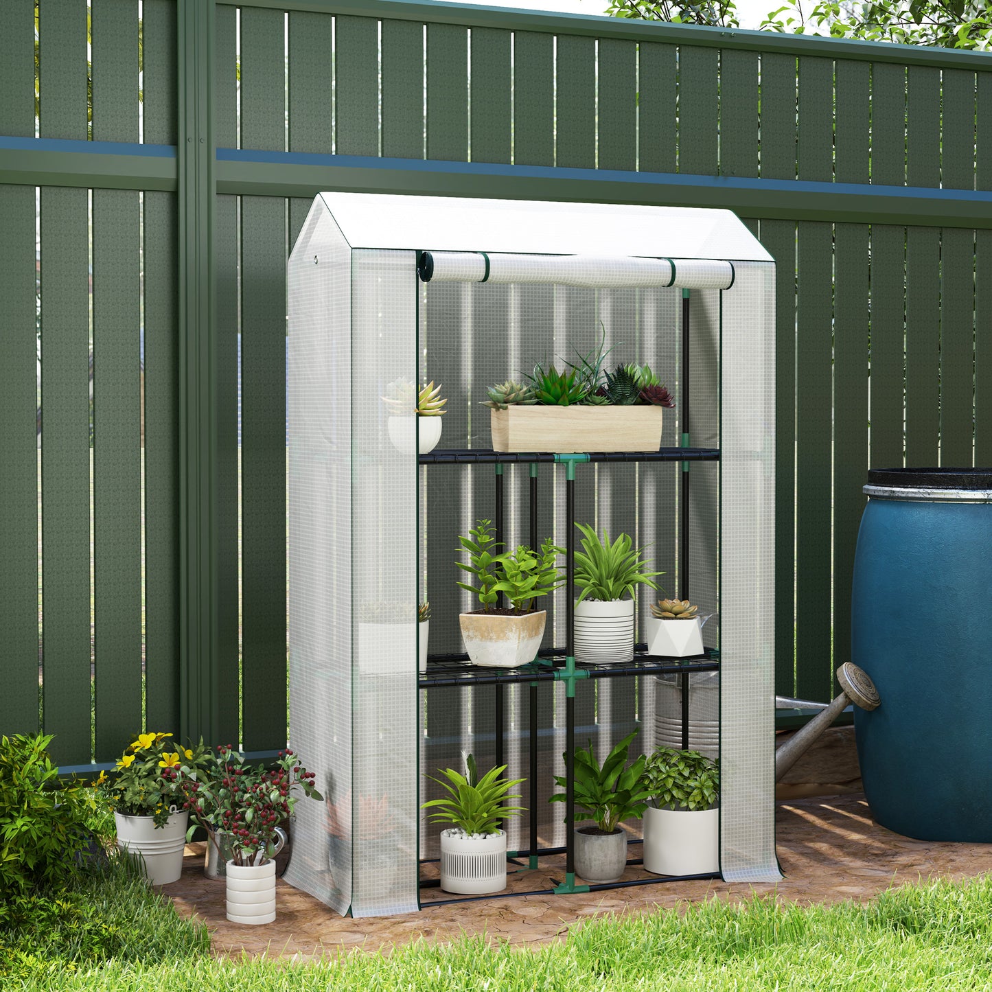 Outsunny Gewächshaus mit 3-Stufen-Regal, UV-beständige Kunststoffabdeckung, Rolltür, 100 x 40 x 150 cm, Weiß