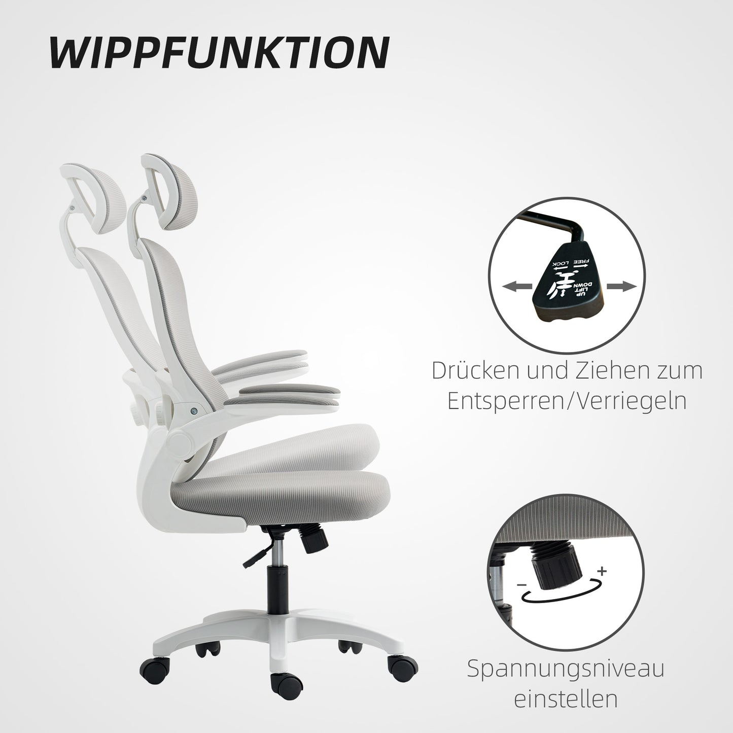 HOMCOM Ergonomischer Bürostuhl mit Netzstoff-Rückenlehne, höhenverstellbar, klappbare Armlehnen, 5 Rollen, Wippfunktion, Grau