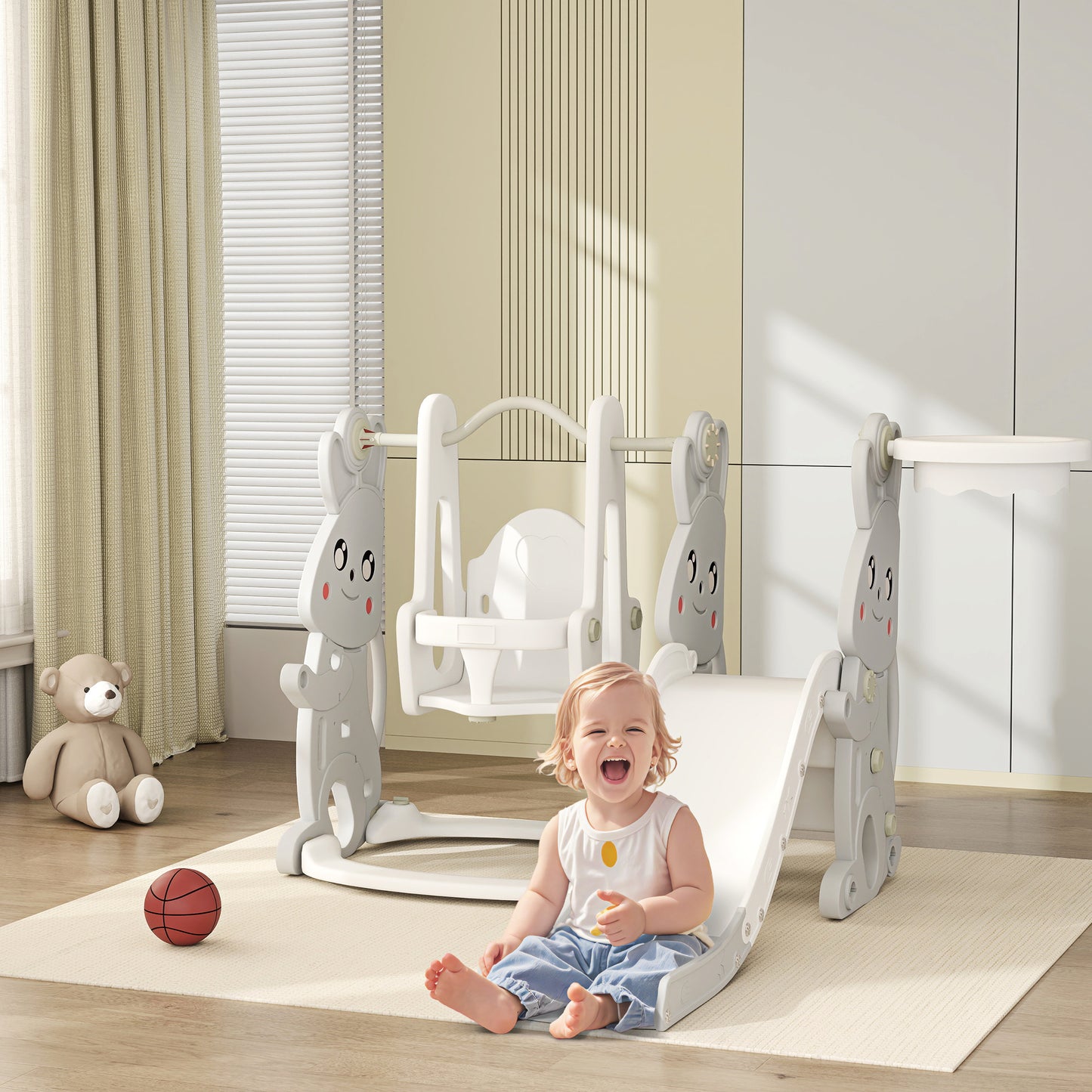 AIYAPLAY 4-in-1 Spielset für Kleinkinder, Rutsche, Schaukel, Klettergerüst, Basketballkorb, Kunststoff, Hasendesign, Grau
