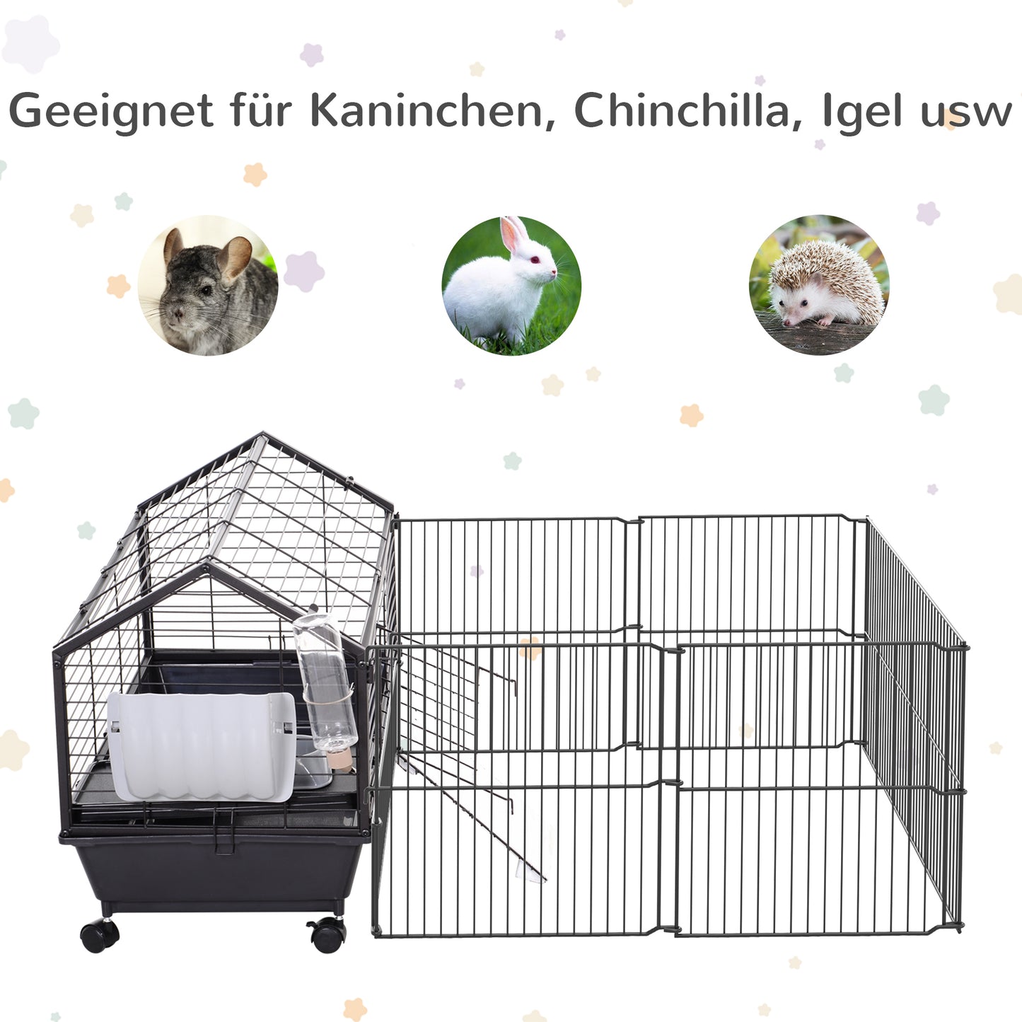 Pawhut Kleintierkäfig mit Freigehege inkl. Zubehör 88 cm x 128,5 cm x 56 cm 4 Rollen Schwarz Metall Polypropylen