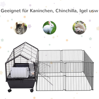 Pawhut Kleintierkäfig mit Freigehege inkl. Zubehör 88 cm x 128,5 cm x 56 cm 4 Rollen Schwarz Metall Polypropylen