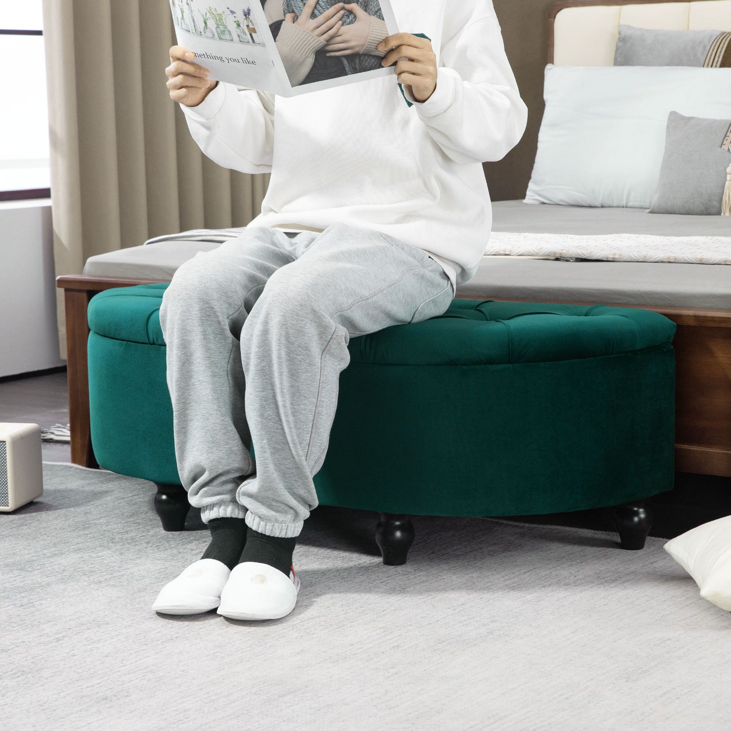 HOMCOM Hocker mit Stauraum, Sitztruhe, gepolstert, soft-close Deckel, Samtoptik, 120 x 46 x 42 cm, Dunkelgrau