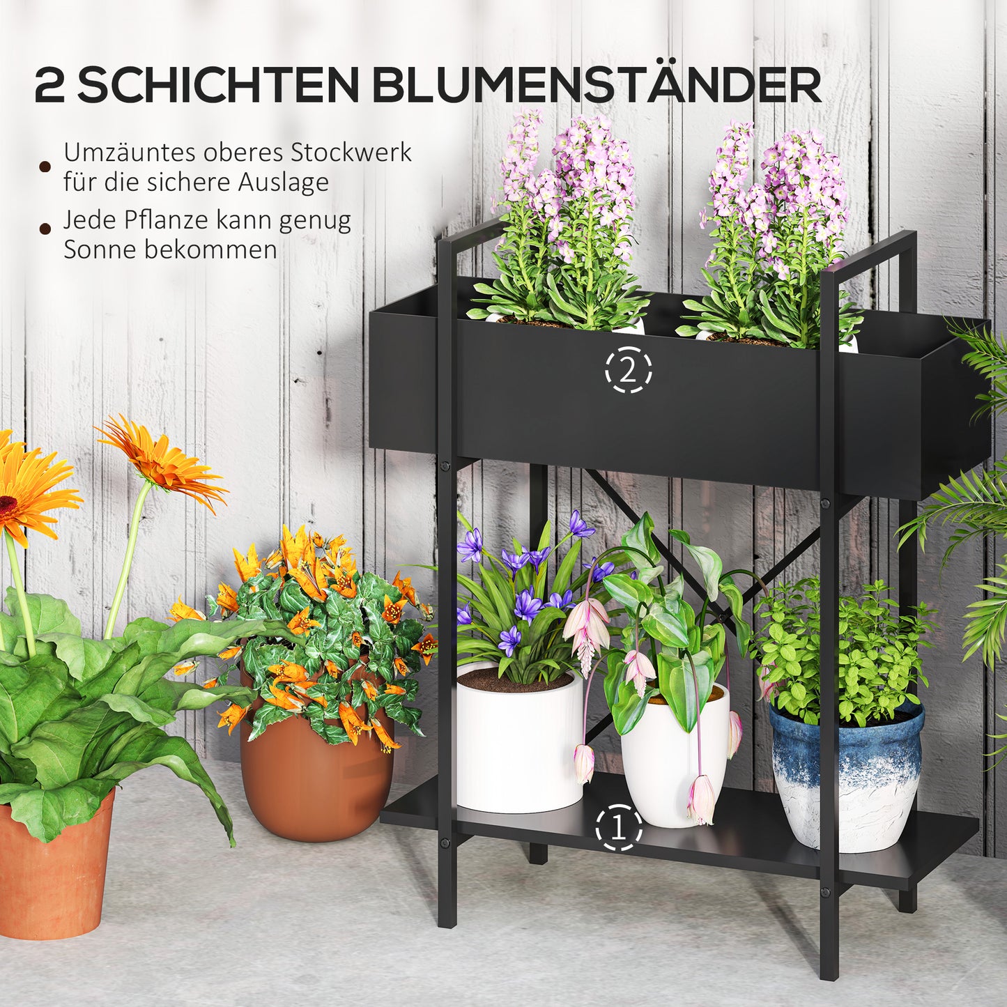 Outsunny Pflanzenständer, Blumentopfständer mit 2 Ebenen, Ablauflöcher, für drinnen und draußen, Metall, Schwarz