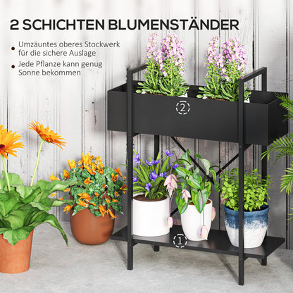 Outsunny Pflanzenständer, Blumentopfständer mit 2 Ebenen, Ablauflöcher, für drinnen und draußen, Metall, Schwarz