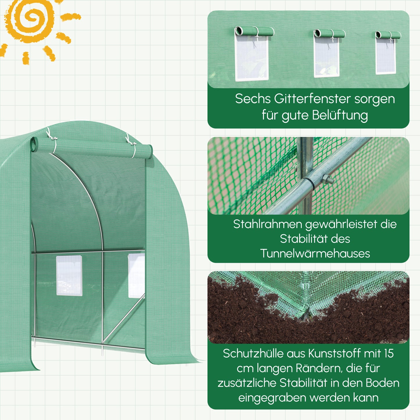 Outsunny Gewächshaus 445x190x200cm Foliengewächshaus Tomatenhaus Tür mit Moskitonetz, Fenster, Folientunnel aus verzinktem Stahl, stabiles Pflanztunnel, Treibhaus inkl. Erdanker Seilen, Grün