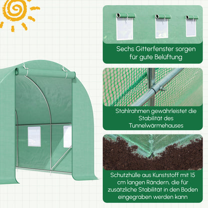 Outsunny Gewächshaus 445x190x200cm Foliengewächshaus Tomatenhaus Tür mit Moskitonetz, Fenster, Folientunnel aus verzinktem Stahl, stabiles Pflanztunnel, Treibhaus inkl. Erdanker Seilen, Grün