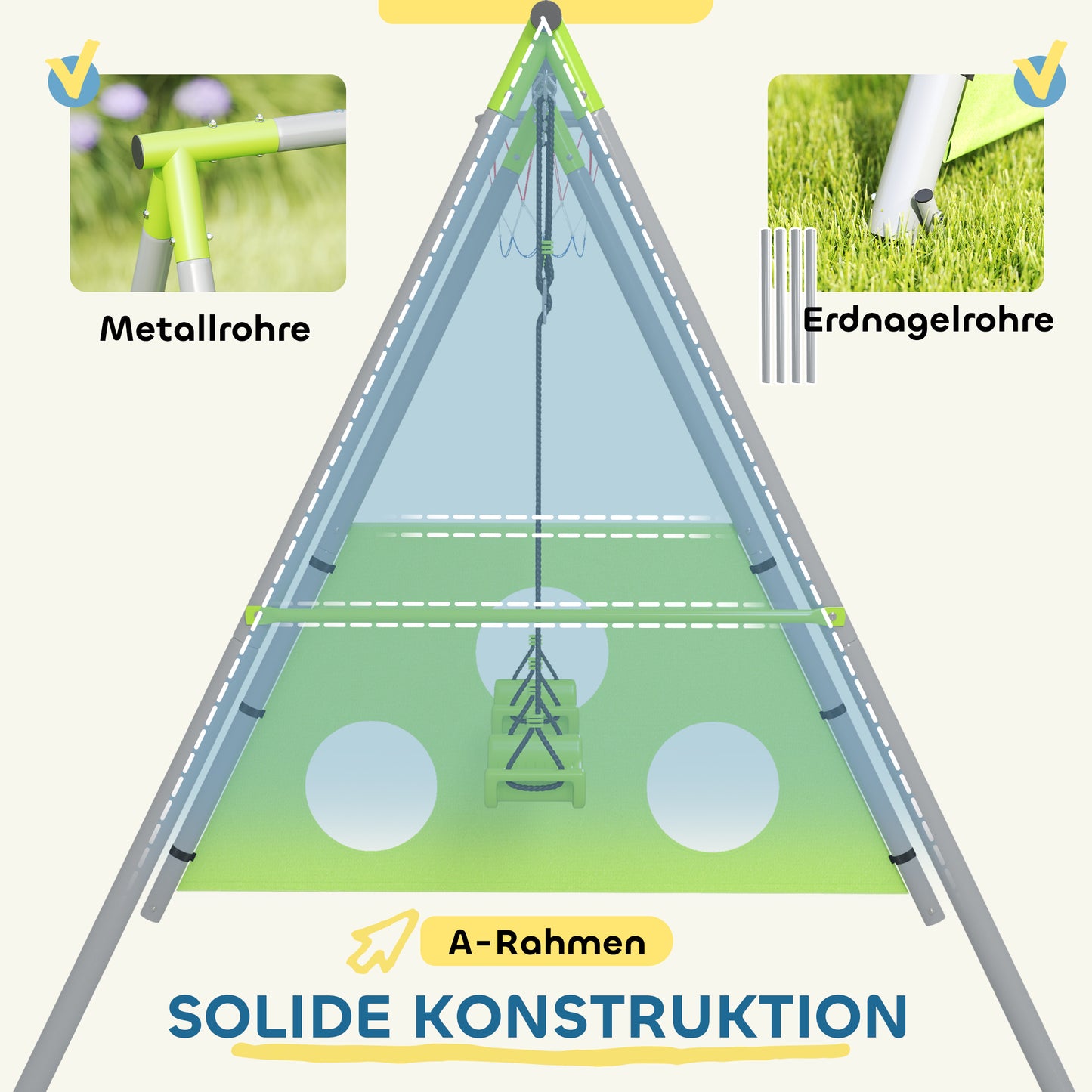 AIYAPLAY Schaukelset für Kinder, 2 Schaukelsitze, 1 Basketballkorb, 1 Fußballtor, Metallrahmen, Grün