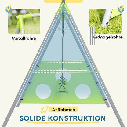 AIYAPLAY Schaukelset für Kinder, 2 Schaukelsitze, 1 Basketballkorb, 1 Fußballtor, Metallrahmen, Grün