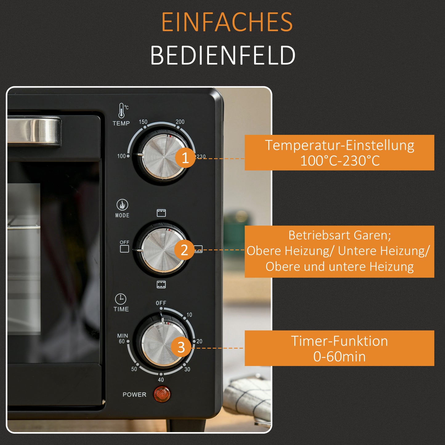 HOMCOM Minibackofen, 21 L Toasterofen mit 1 Drahtgestell und 1 Backblech, 3 Kochmodi, 100 °C-230 °C, Edelstahl, Glas, Schwarz