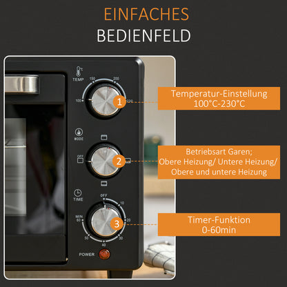 HOMCOM Minibackofen, 21 L Toasterofen mit 1 Drahtgestell und 1 Backblech, 3 Kochmodi, 100 °C-230 °C, Edelstahl, Glas, Schwarz