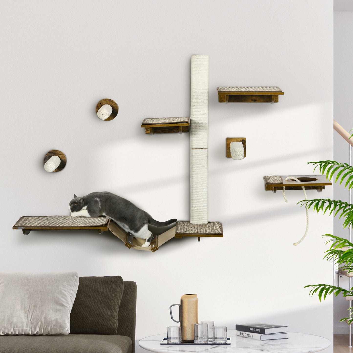 PawHut Katzentreppen-Set, Kletterwand, 8-teilig, bis 8 kg, robust, Braun/Cremeweiß