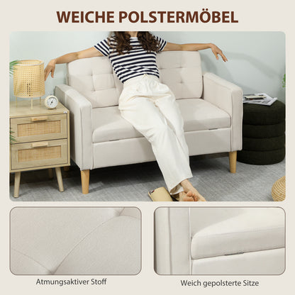HOMCOM Zweisitzer-Sofa mit Stauraum, Knopfheftung, Kissen, Kautschukbaumholz, 117x62x78cm, Cremeweiß