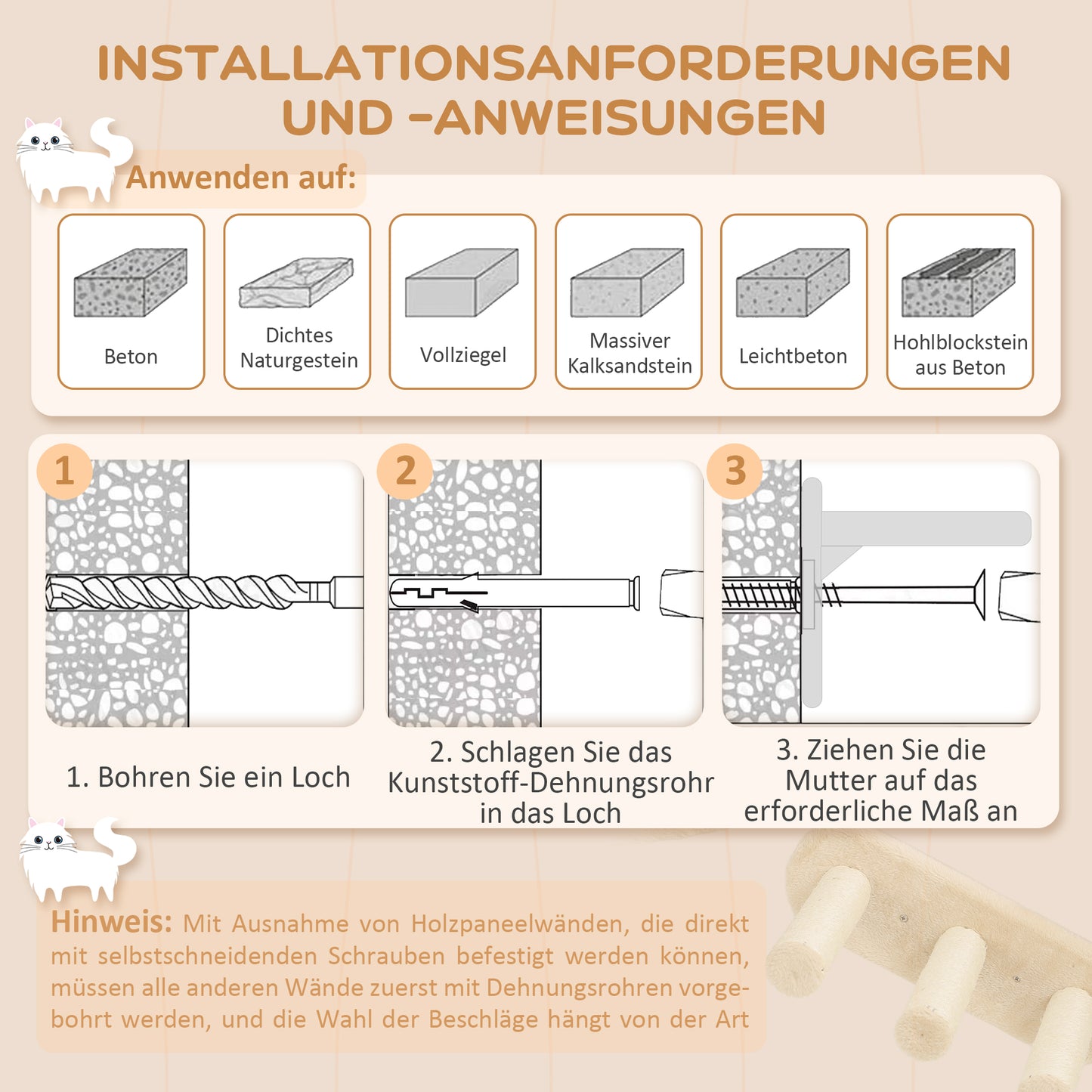 PawHut Katzentreppen-Set, Wand- och Deckenmontage, för Katzen till 5 kg, Beige