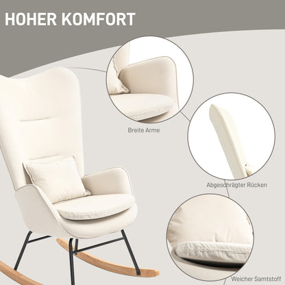 HOMCOM Schaukelstuhl, weicher Bezug in Samtoptik, mit Lendenkissen, bis 120 kg belastbar, 67 x 85 x 112 cm, Cremeweiß