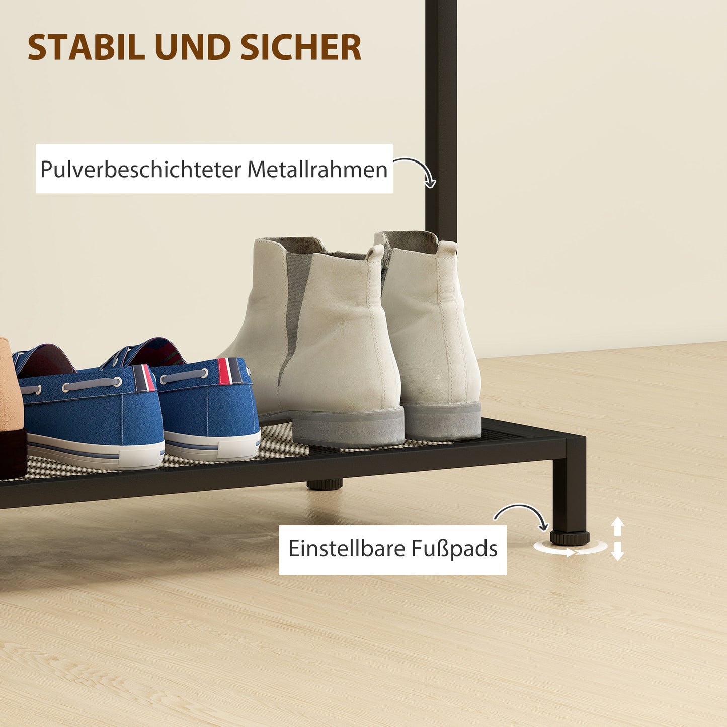 HOMCOM Garderobenständer, Kleiderständer mit Kleiderstange, Schuhregal Ablage Kippschutz Eiche