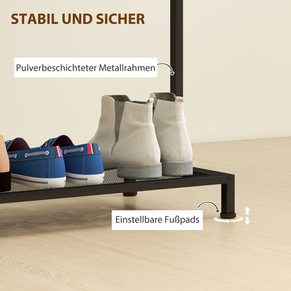 HOMCOM Garderobenständer, Kleiderständer mit Kleiderstange, Schuhregal Ablage Kippschutz Eiche