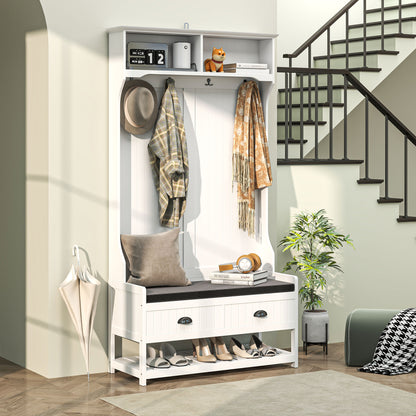 HOMCOM Garderobenständer mit Haken, Garderobe mit Schuhbank, für Eingangsbereich, Flur, Metall, MDF, Weiß+Grau