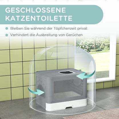 PawHut Katzentoilette Katzenklo Katzentoillete mit Abdeckung, 2 Ausgänge, 48,5 x 38 x 36,5 cm, Grau + Weiß