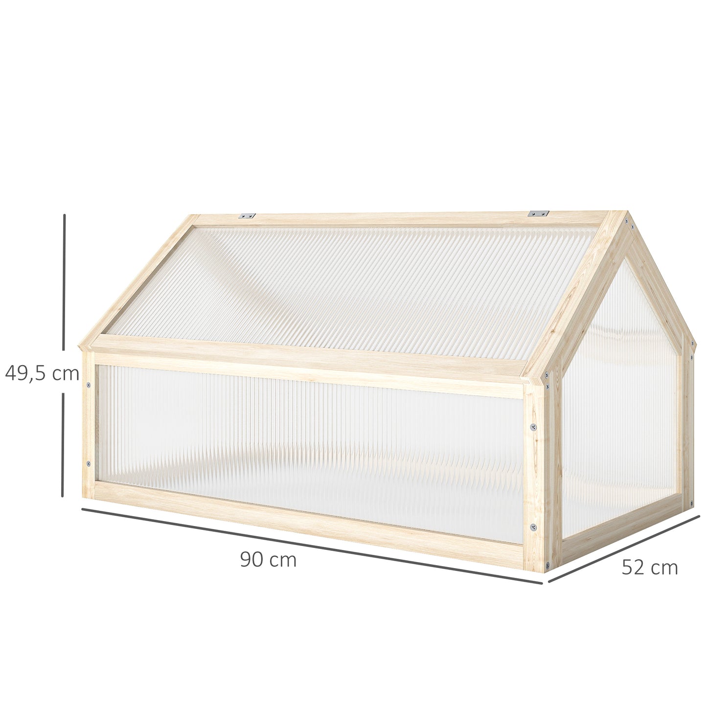 Outsunny Mini-Gewächshaus, Kompaktes Pflanzenhaus aus Holz, Polycarbonat-Platten, Belüftungsöffnung, 90L x 52B x 49,5H cm, Natur