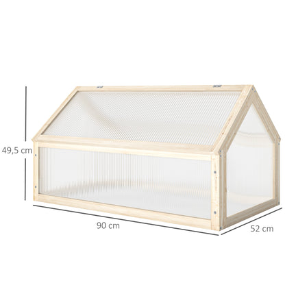 Outsunny Mini-Gewächshaus, Kompaktes Pflanzenhaus aus Holz, Polycarbonat-Platten, Belüftungsöffnung, 90L x 52B x 49,5H cm, Natur