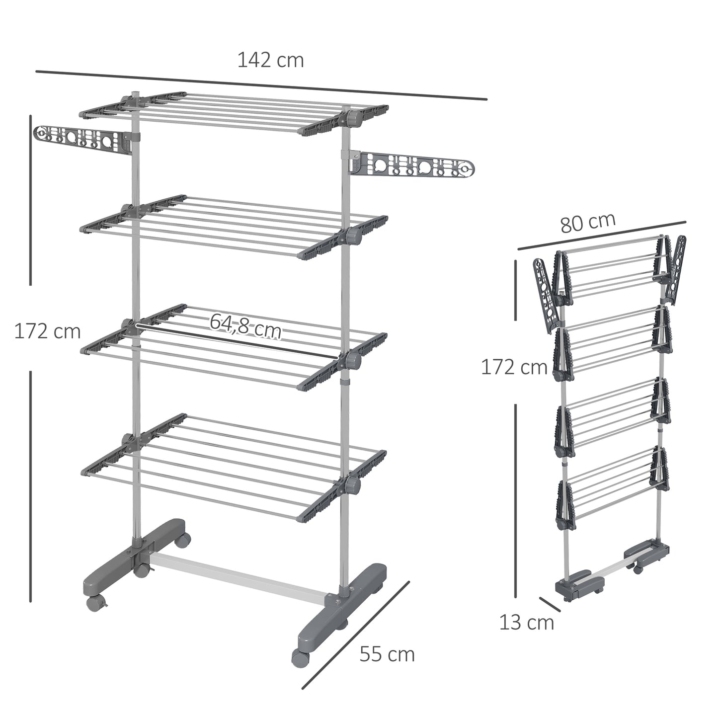 HOMCOM Wäschenständer Wäschetrockner 5 Ebenen, klappbar, One-Klick-System, 142 cm x 55 cm x1 72 cm, Grau + Silber