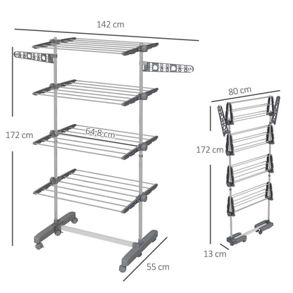 HOMCOM Wäschenständer Wäschetrockner 5 Ebenen, klappbar, One-Klick-System, 142 cm x 55 cm x1 72 cm, Grau + Silber