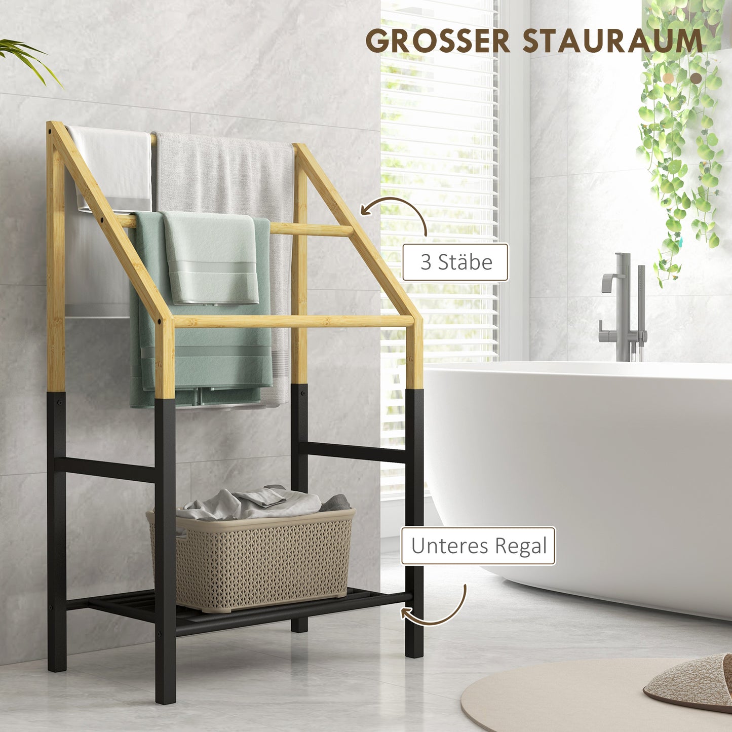 HOMCOM Handtuchhalter, freistehend, 3 Stangen, 51x31x85,5cm, Schwarz/Naturholz