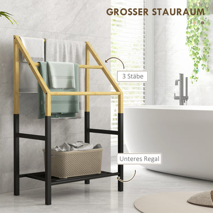 HOMCOM Handtuchhalter, freistehend, 3 Stangen, 51x31x85,5cm, Schwarz/Naturholz