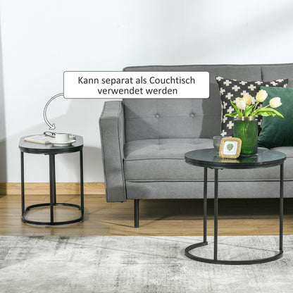 HOMCOM 2er-Set Couchtisch, Ovaler und runder Kaffeetisch, stapelbar, Marmoroptik, MDF, Metall, Ø50 x 50,5H cm, Schwarz