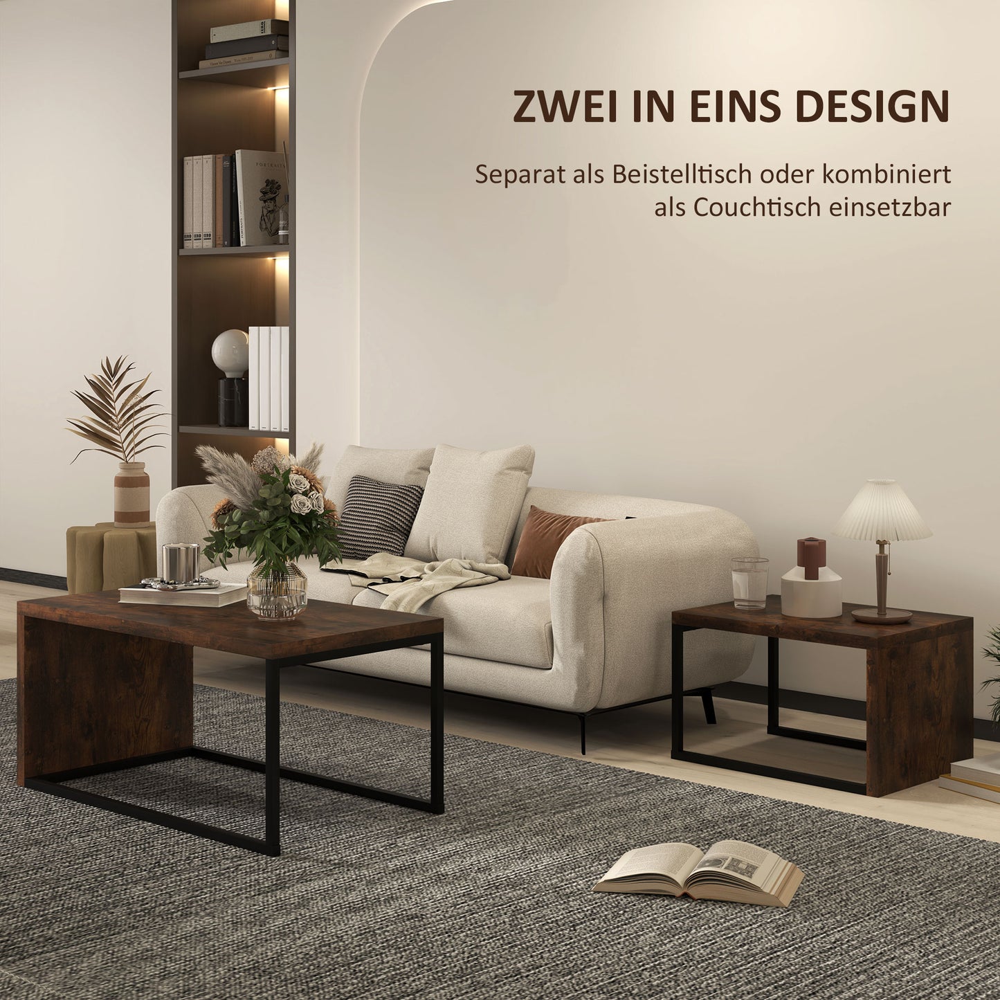 HOMCOM 2er-Set Couchtisch, Sofatisch, Beistelltisch, MDF, Metall, 90 x 48 x 42 cm/59 x 42 x 36 cm, Schwarz+Braun