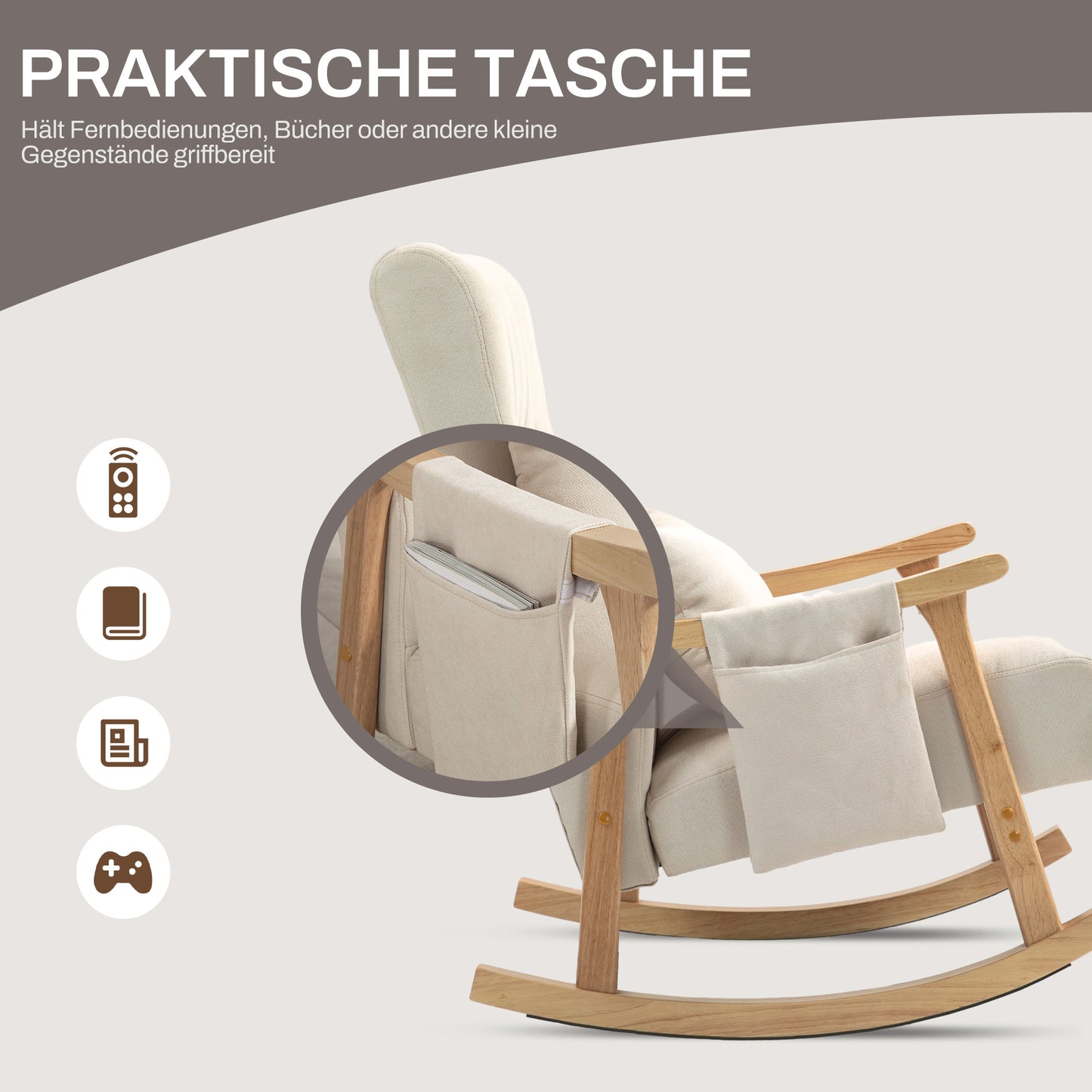 HOMCOM Schaukelstuhl mit Nierenkissen, breiter Sitz, Kautschukholzrahmen, bis 120 kg, Beige