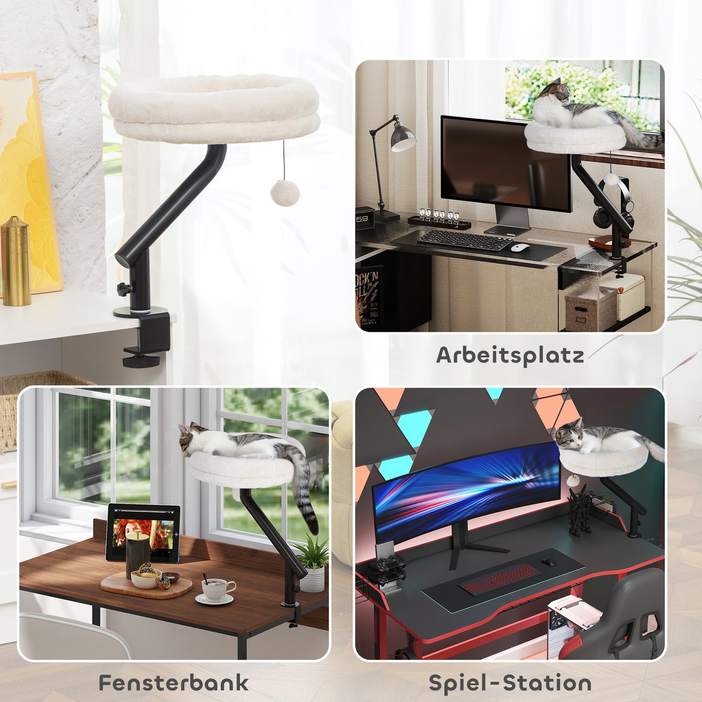 PawHut Katzen-Schreibtischbett, Katzenbett für Schreibtisch mit 360°Drehung, verstellbarer Höhe, Katzenliege mit abnehmbarem, maschinenwaschbarem Bett, für Katzen unter 6 kg, Heimbüro, Cremeweiß