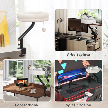 PawHut Katzen-Schreibtischbett, Katzenbett für Schreibtisch mit 360°Drehung, verstellbarer Höhe, Katzenliege mit abnehmbarem, maschinenwaschbarem Bett, für Katzen unter 6 kg, Heimbüro, Cremeweiß