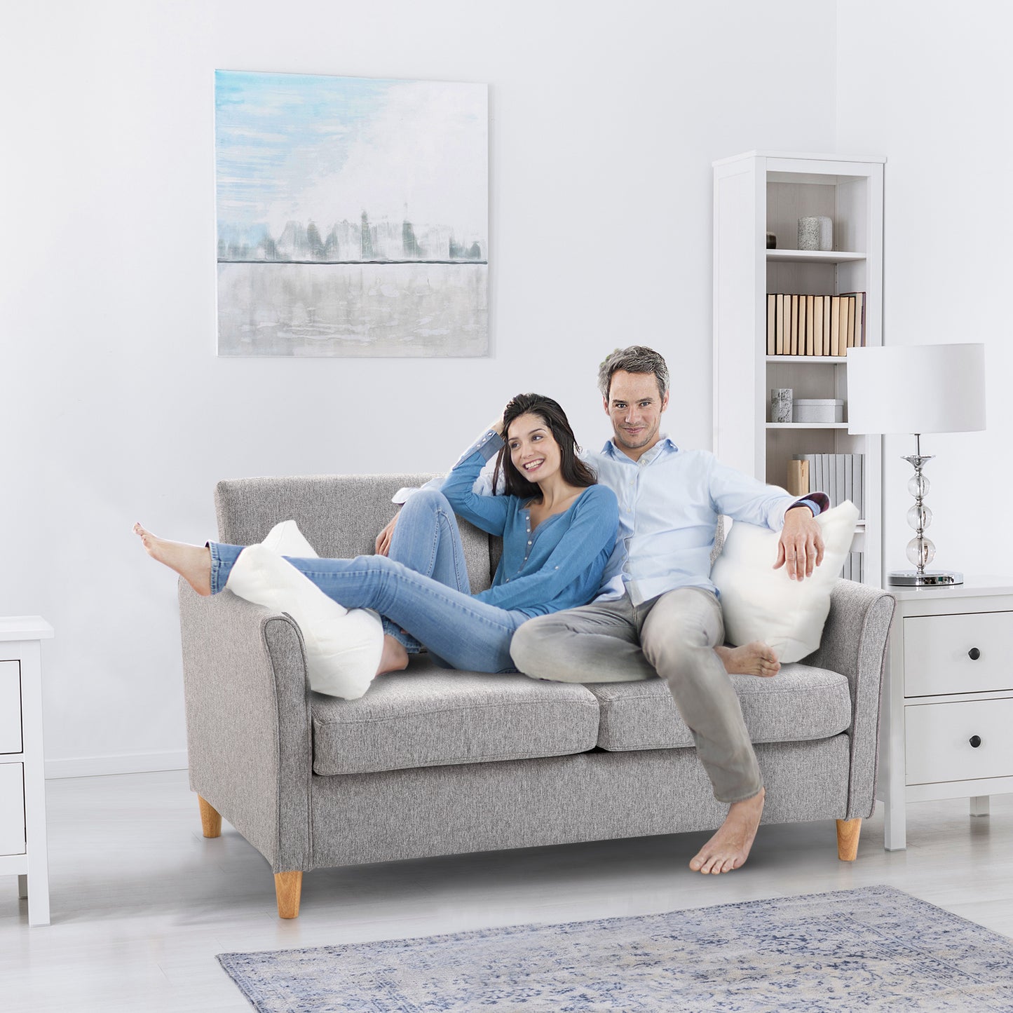 HOMCOM® Zweisitzer Sofa | Abnehmbare Kissen | Leinen, Schaumstoff, Kautschukholz | Hellgrau | 141 x 70 x 78 cm