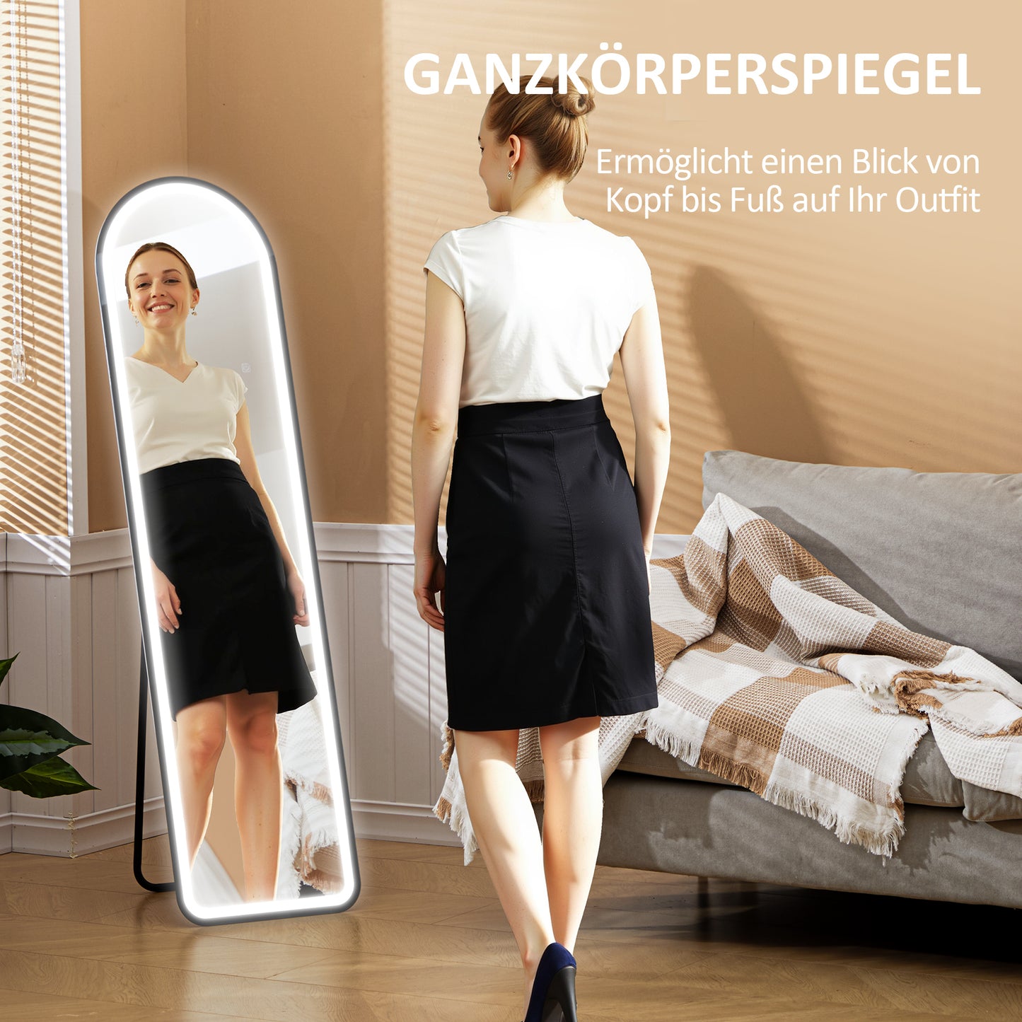 HOMCOM Ganzkörperspiegel, 150 x 40 cm, Freistehender Spiegel mit dimmbaren LED-Lichtern für Wohnzimmer, Schlafzimmer