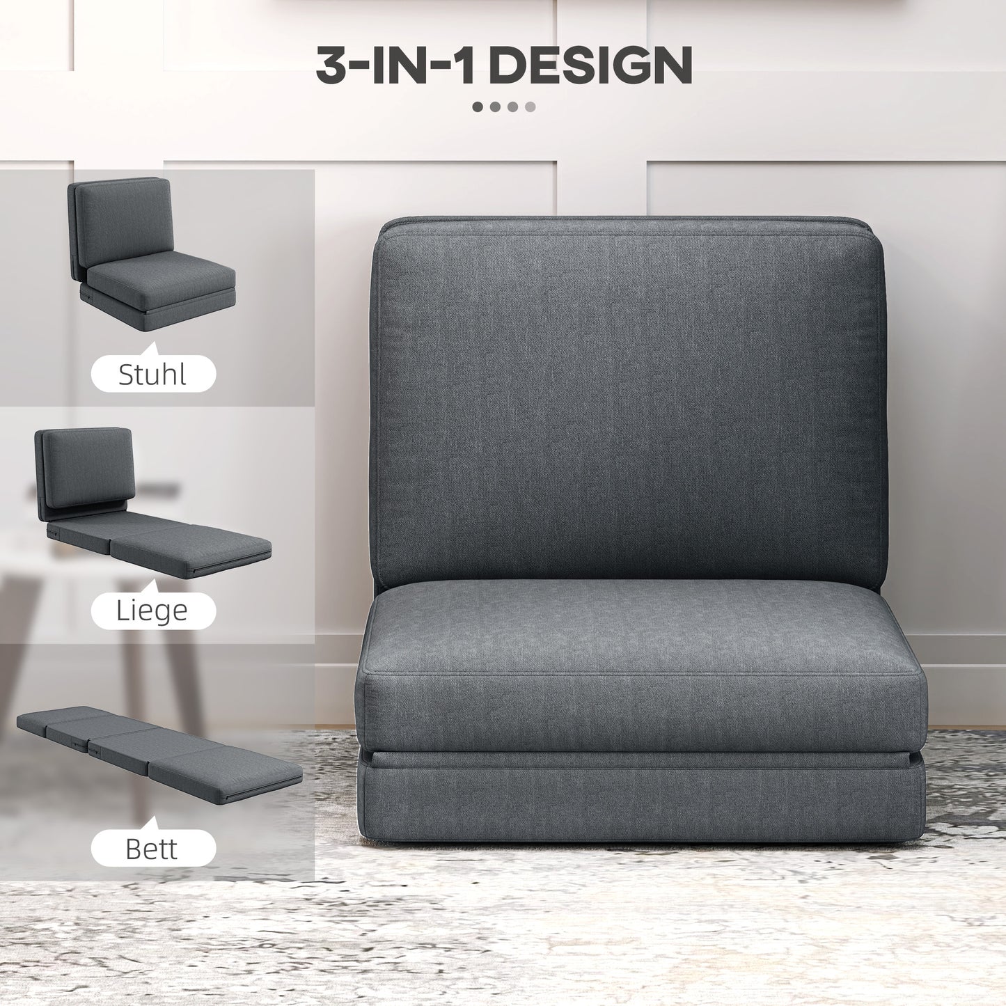 HOMCOM Faltbarer Bodensessel mit Kissen, wandelbares Polstersofa, Wohnzimmer, Gästezimmer, Büro, 75 x 268 x 18 cm, Dunkelgrau