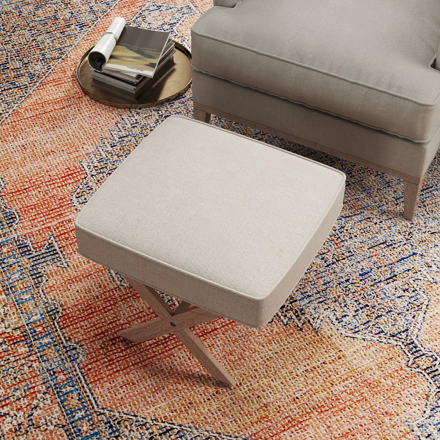 HOMCOM Moderner Fußhocker, Gepolsterter Hocker mit weichem Sitz, Kautschukholzbeine, für Wohnzimmer, Schlafzimmer, Beige