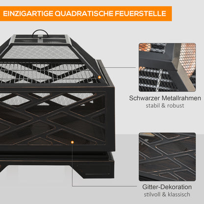 Outsunny Feuerschale mit Funkenschutz, Grillrost, Schürhaken, quadratisch, Stahlgehäuse, schwarz, 66 x 66 cm