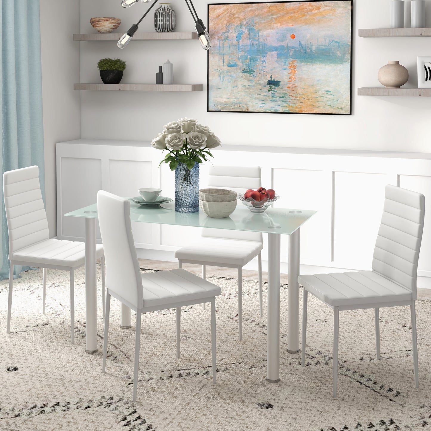 HOMCOM 5-tlg. Essgruppe Sitzgruppe Esstisch mit 4 Stühlen, modernes Design, Glastisch, Weiß