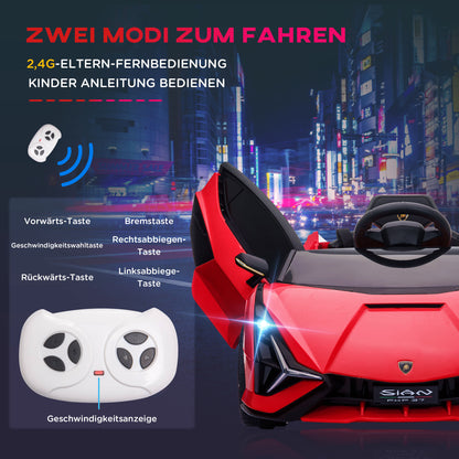 HOMCOM Kinderfahrzeug 12V 2 Fahrmodi Lamborghini SIAN SUV-Auto-Spielzeug Elektroauto mit Fernbedienung Musik(MP3/USB) Licht 37-60 Monate Metall Rot 108 x 62 x 40 cm