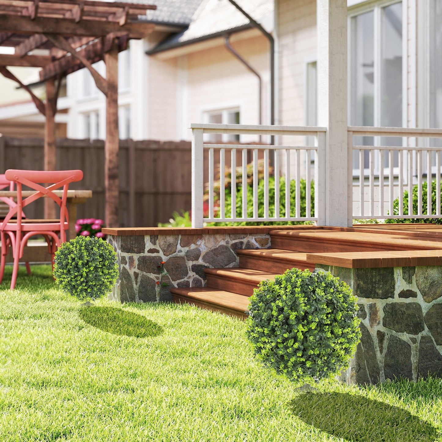 HOMCOM 2er-Set Kunstpflanzen, Künstliche Buchsbaumkugeln mit Bodenpfahl, für drinnen und draußen, UV-beständig, Grün