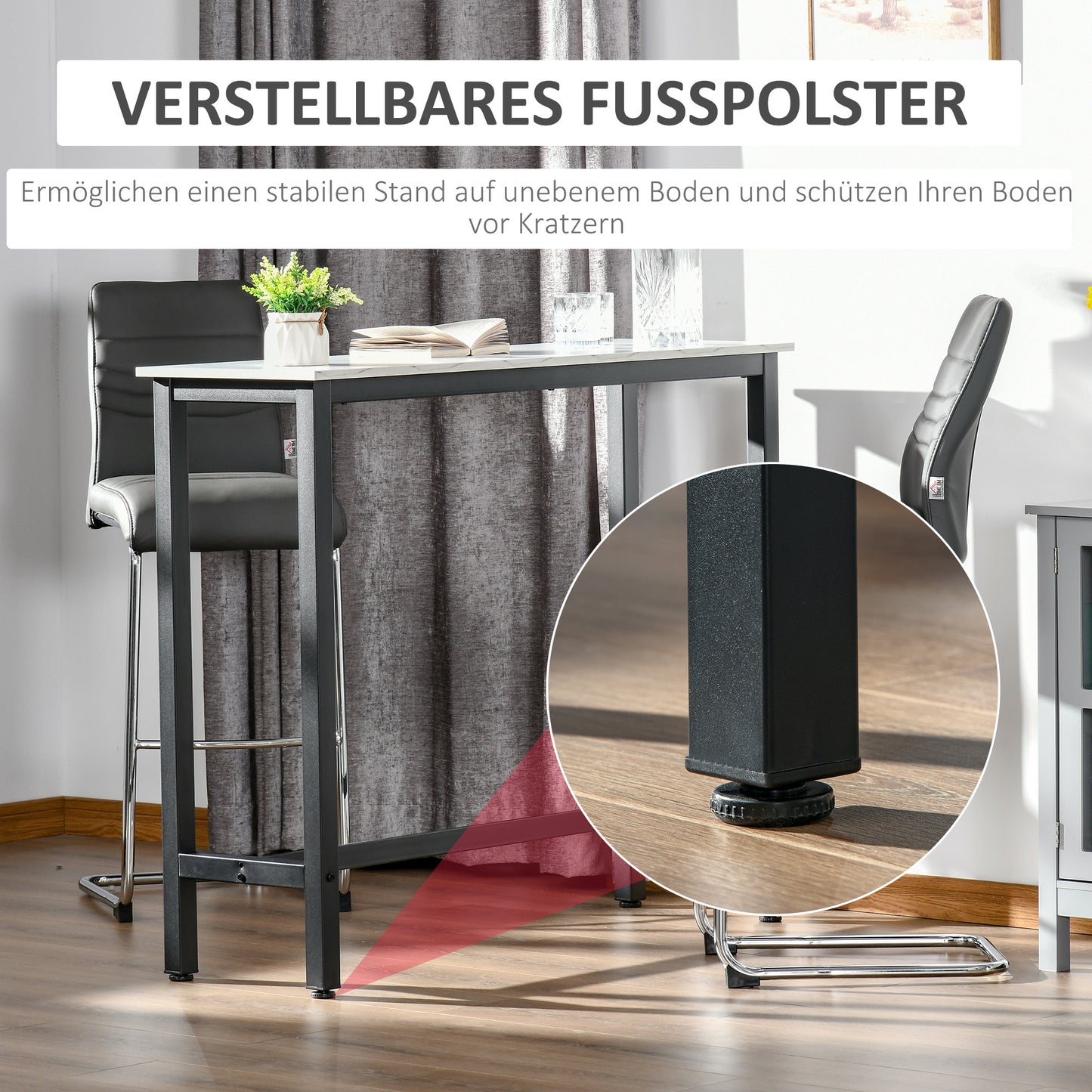 HOMCOM Bartisch in Marmoroptik, Stahlrahmen, Nivellierfüße, 120x40x100 cm, Weiß/Schwarz